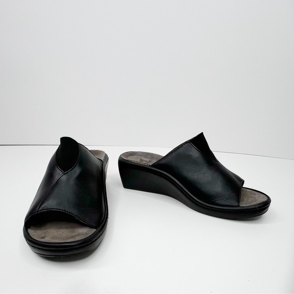 MEPHISTO Black Leather Mobils Open Toe Mule Shoes Wedge Heel 7 - Picture 1 of 11